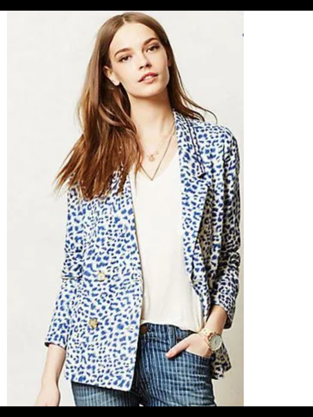Limpopo Blazer By Cartonnier (Anthropologie) Blue and White Leopard-Print